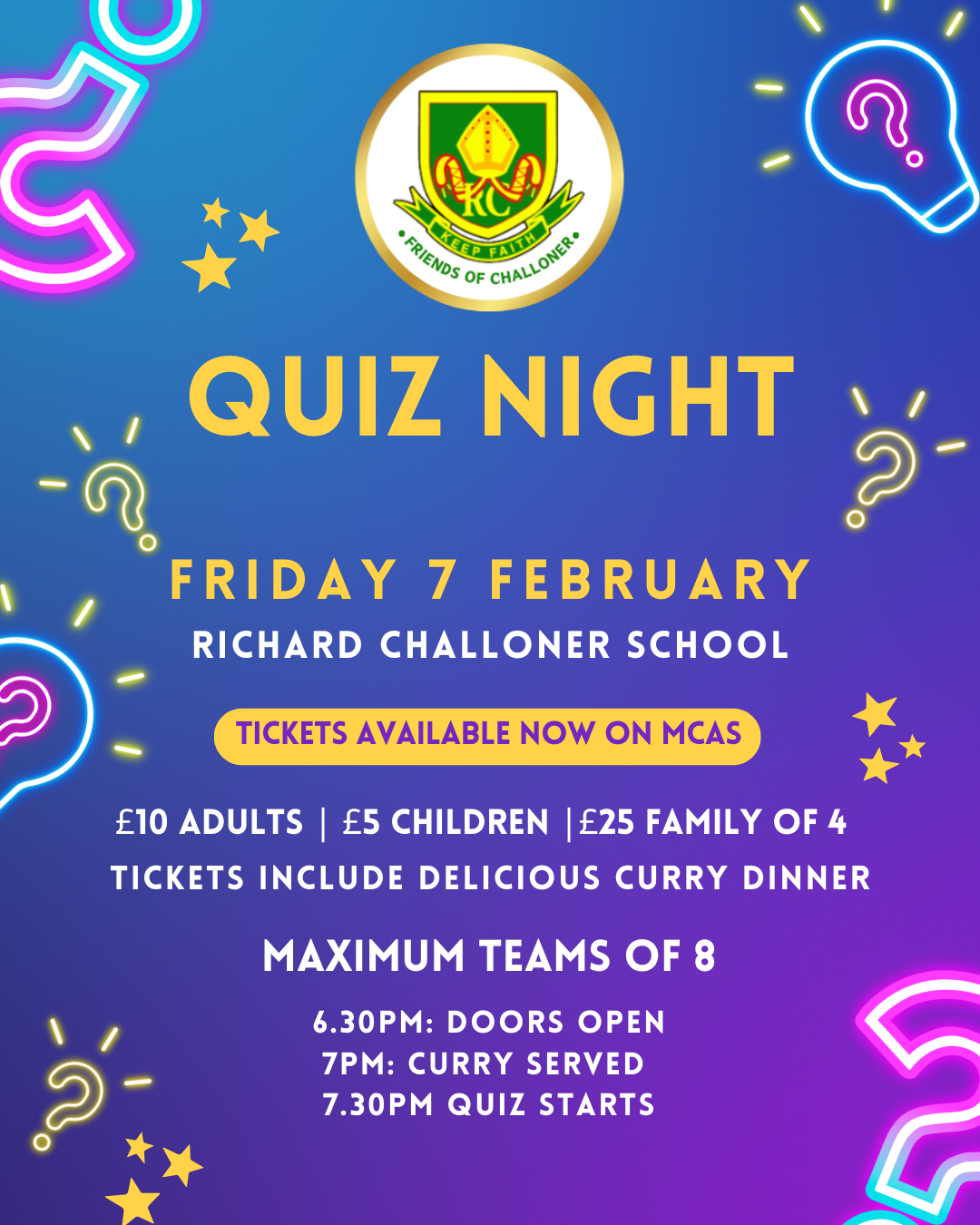 Friends of Challoner Quiz Night Poster